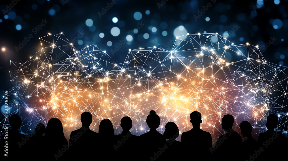 Poster group silhouette watching network of lights illuminate sky creating technology communication theme.
