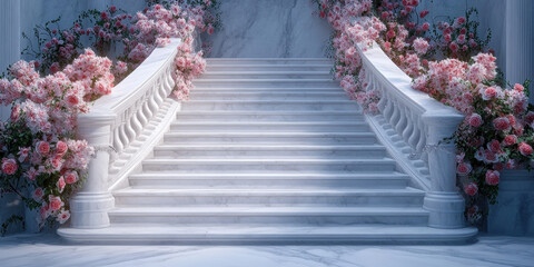 Elegant white staircase surrounded by pink flowers dreamy garden photography serene atmosphere low angle view romantic concept
