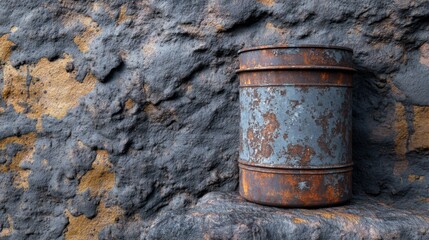 Rusty Metal Can Against a Weathered Textured Rock Background in Studio Lighting