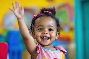 A happy toddler girl raises her hand, brightly smiling in a colorful classroom. This cheerful image is perfect for education, childcare, or preschool themes.