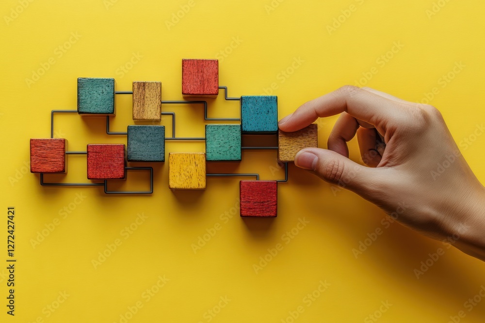 Aufkleber Workflow Automation Process with Flowchart Hand Arranging Wooden Blocks on Yellow Background