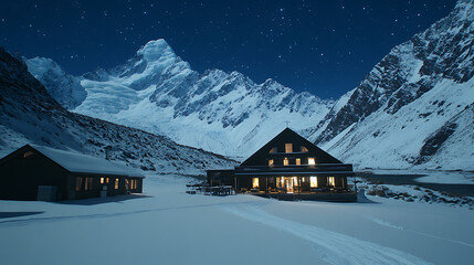 Fototapeta premium Illuminated Lodge Under Starry Skies Among Snow Covered Peaks in a Remote Mountain Winter Landscape.
