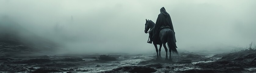 Hooded figure on horseback in a foggy, desolate landscape, moody lighting, mysterious atmosphere