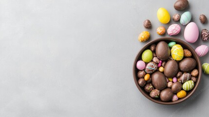 Fototapeta premium Chocolate Easter eggs and colorful candy sweets in a ceramic bowl on a grey background with copy space.