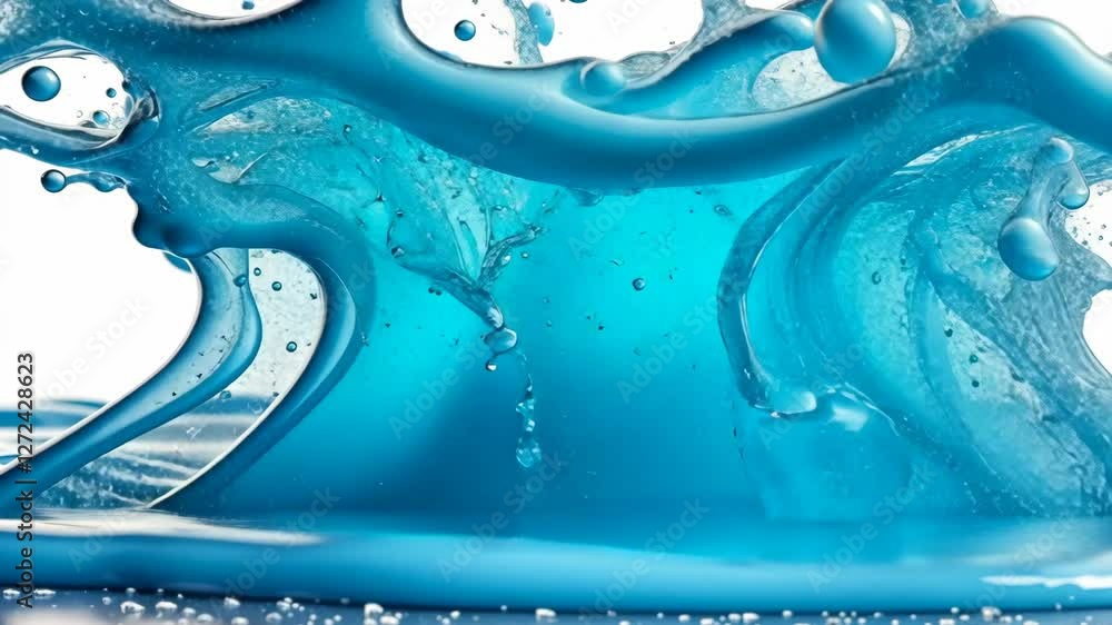 Poster dynamic blue liquid wave capturing motion in a splash against a white background