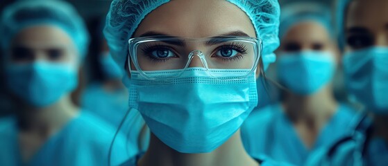 Medical team in scrubs and masks, serious expressions, hospital hallway