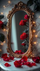 Roses reflecting in an ornate mirror on a marble surface, surrounded by lights. Romantic decor