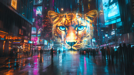 A cyberpunk city with rainy streets and huge advertising holograms. Cyberpunk Holographic Street. Illustration