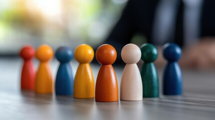 Colorful assortment of miniature wooden figurines standing together in a harmonious group representing diversity unity and community