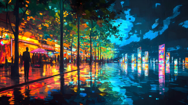 A cyberpunk version of montevideo rambla promenade, with glowing neon lights, futuristic street vendors, and holographic displays reflecting on the water. Cyberpunk Holographic Street. Illustration