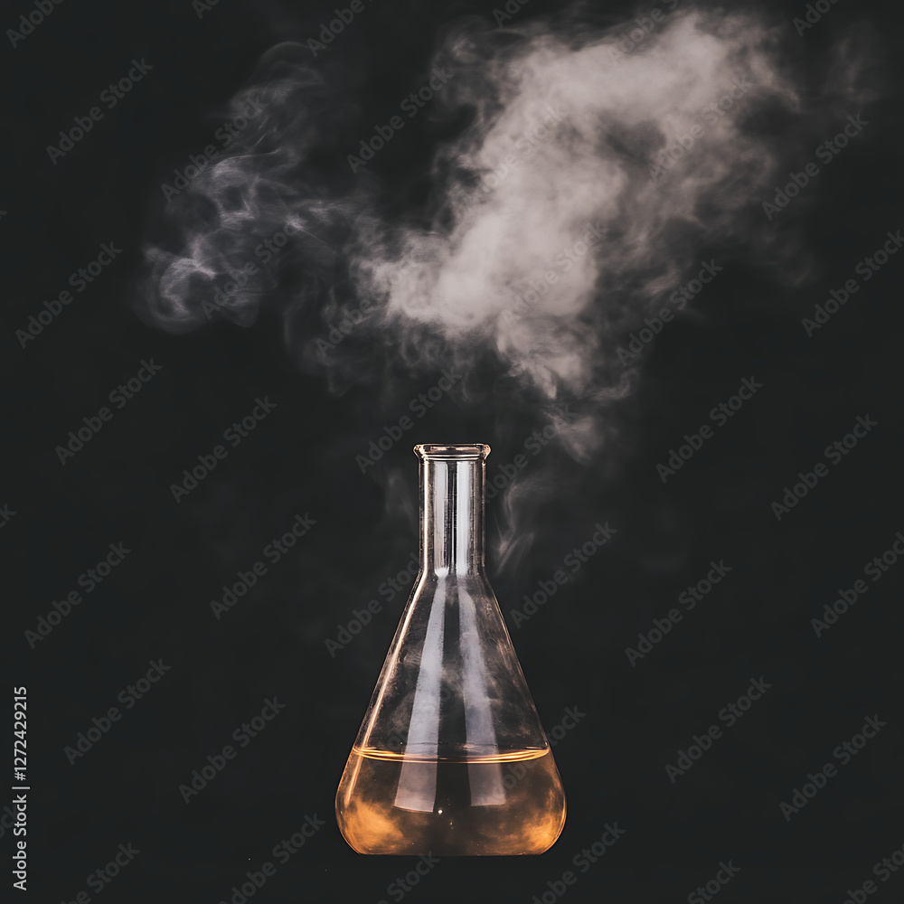 Poster lab experiment with fuming liquid in erlenmeyer flask chemical reaction smoky haze on black.