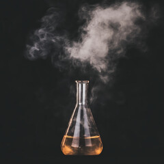 Lab Experiment with Fuming Liquid in Erlenmeyer Flask Chemical Reaction Smoky Haze on Black.