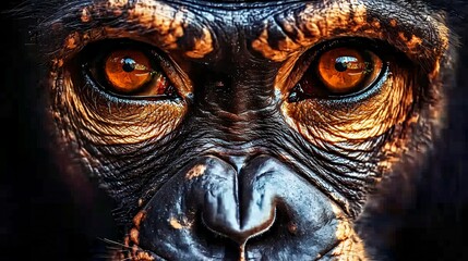 Close-up primate eyes, intense gaze, dark background, wildlife