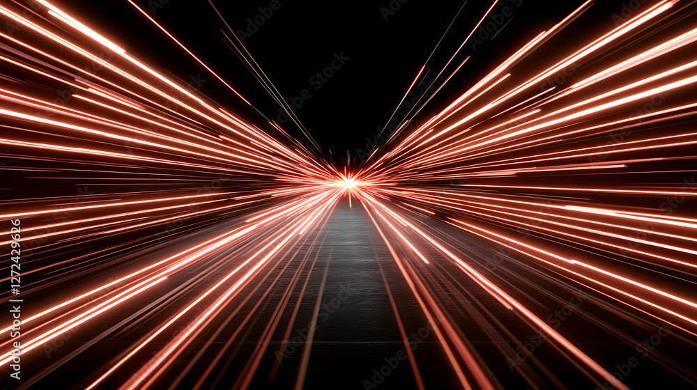 Poster light speed abstract motion in a dark tunnel with perspective and glowing red lines.