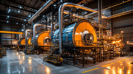 Fototapeta premium A high-resolution view of key components in a biomass power plant, showcasing industrial boilers and fuel conveyors. 