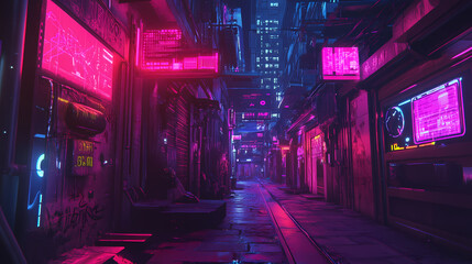 A glowing cyberpunk alleyway with holographic signs and neon graffiti. Cyberpunk Holographic Street. Illustration