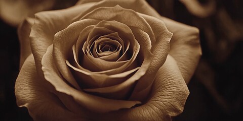 Sepia rose blossom, indoors, petals in focus for cards or backgrounds