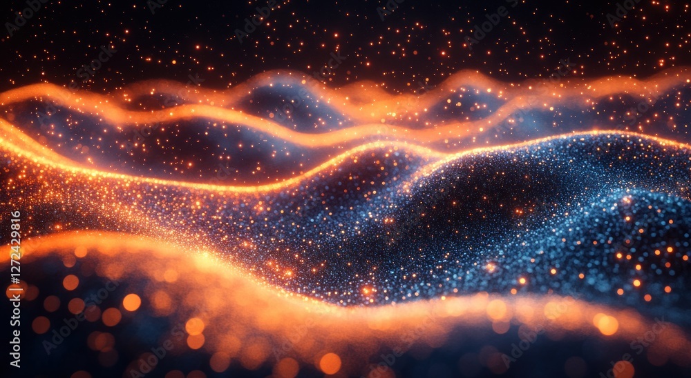 Aufkleber abstract technology digital wave cyberpunk design with glowing particles and geometric patterns in 3