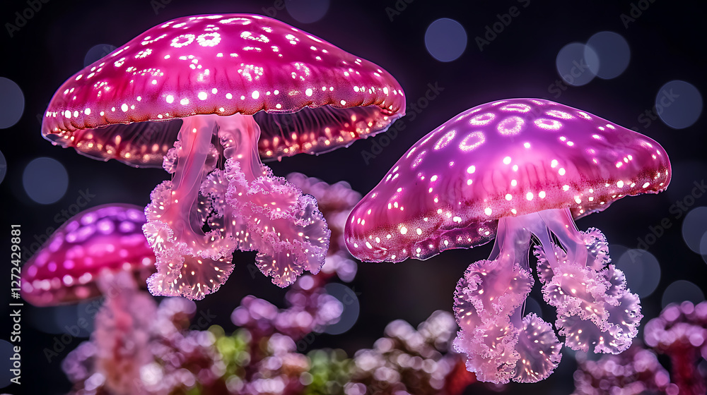 Poster luminescent jellyfish display with polka dots in an aquatic environment with bokeh effects.