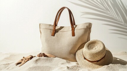 A fashionable beach bag rests elegantly on soft sand, accompanied by a straw hat and chic accessories, inviting adventure under the warm sun. Perfect for a beach day retreat