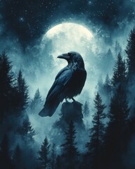 Majestic Raven in Moonlight Surreal Scene with Starry Sky and Ethereal Forest Elements
