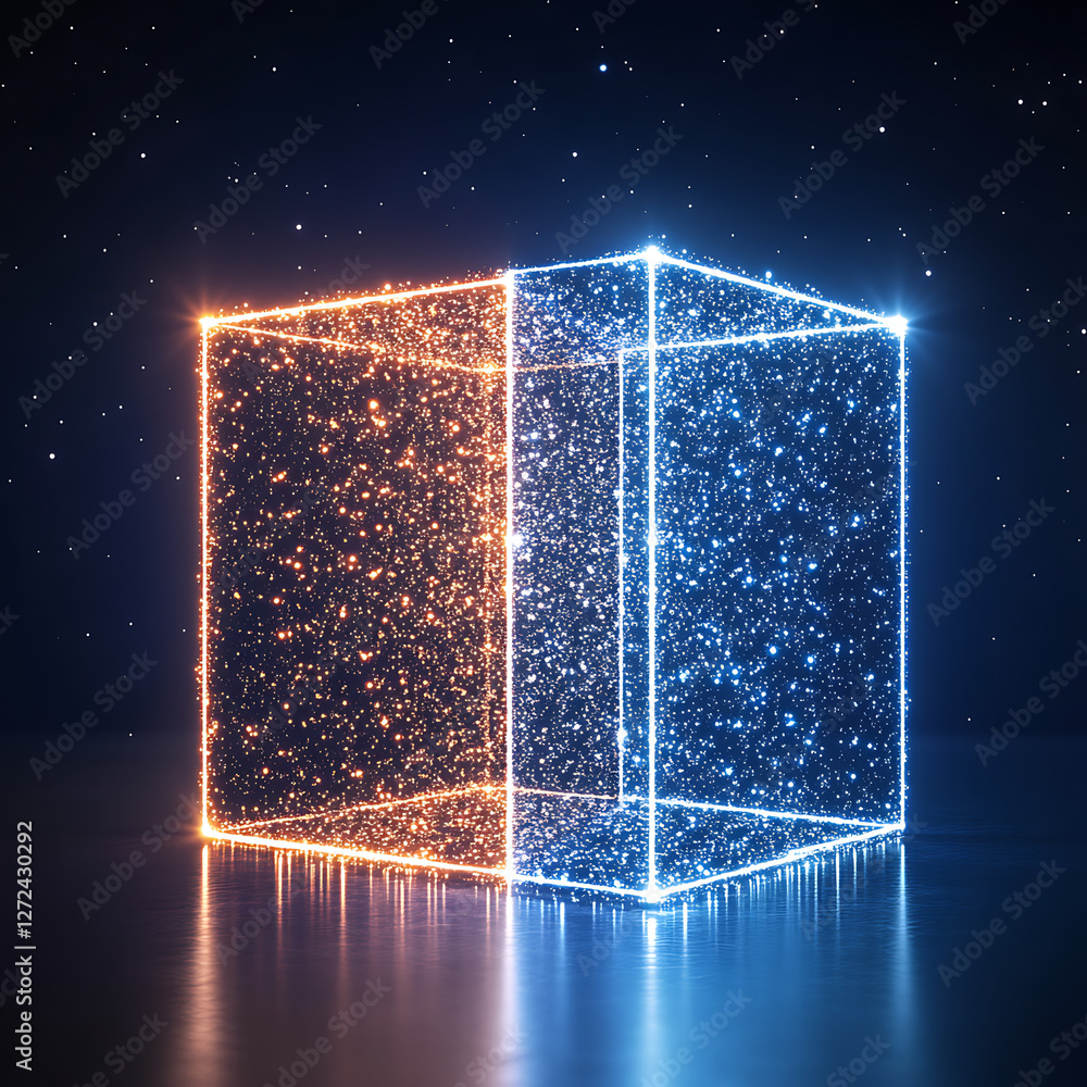 Poster luminous cube floating in a dark cosmos with two distinct halves of light and reflection.
