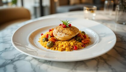 Delicious Chicken Dish with Rice and Vegetables on White Plate