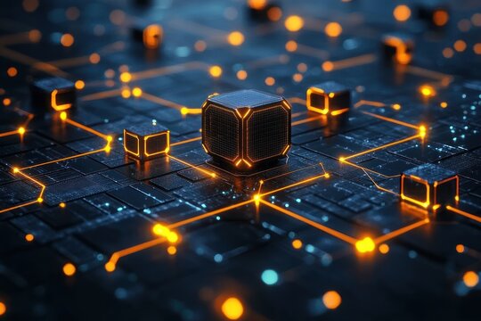 Workflow Automation Process Flowchart with Abstract Yellow Cube Design and Digital Art Style
