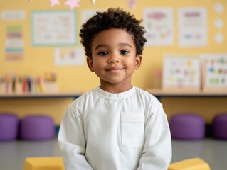 Fototapeta premium Smiling boy standing in kindergarten classroom, looking at camera for education use