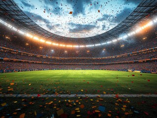 Soccer field celebrates with falling confetti with crowds cheering in the background