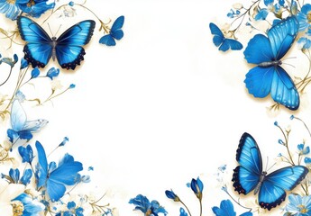 Blank card with blue butterflies and flowers on a white background