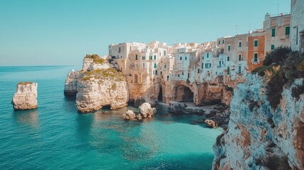 Fototapeta premium Coastal town built into cliffs overlooking turquoise sea.
