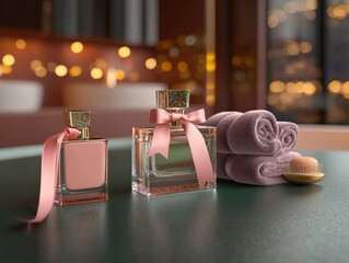 Spa day bottles, towels and brush on a counter, city lights in blurred background, health and wellness ads