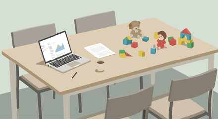 Naklejka premium Tablet with laptop and kids toys. Living desk office concept