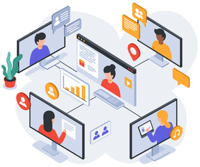 Obraz premium Virtual team work conceptual minimalist vector cartoon