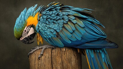 Obraz premium Blue-and-gold macaw perched on weathered wood.