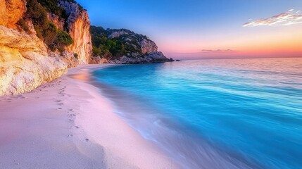 Obraz premium Serene sunrise over pink sand beach and turquoise ocean.