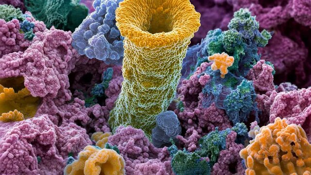 Colorful microscopic view of bacterial colonies highlighting cellular structures under electron microscopy