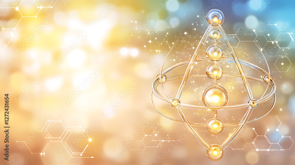 Poster metatron cube golden structure with molecular connections and luminous spheres over bokeh backdrop.
