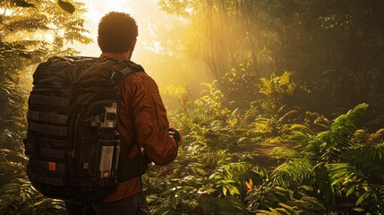 Fototapeta premium Adventurer with backpack exploring sunlit jungle path.