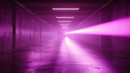 Purple laser beam in dark tunnel, futuristic background