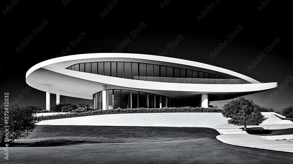 Poster modern architecture curvilinear building design with landscape and sleek lines composition.