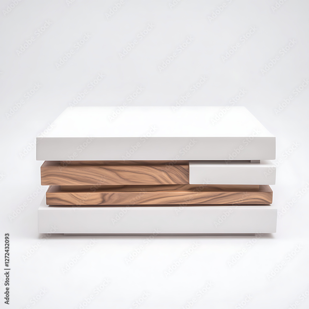 Poster modern floating layer coffee table with white and wood elements on a light background design.
