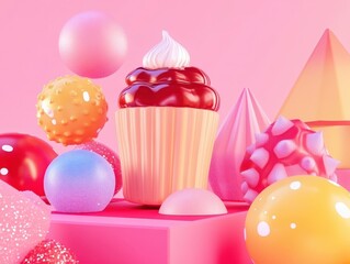 Surreal cupcake scene with geometric shapes, pink backdrop, studio shot for poster