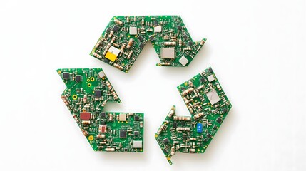 Recycling symbol creatively designed with recycled circuit boards showcasing sustainable technology and electronic waste solution