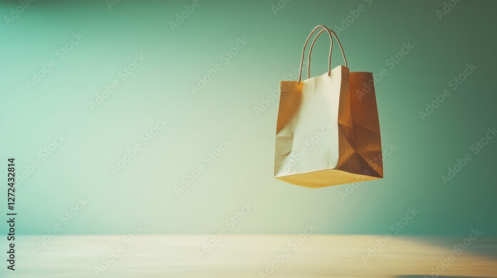 Poster floating brown paper shopping bag with string handles on light backdrop