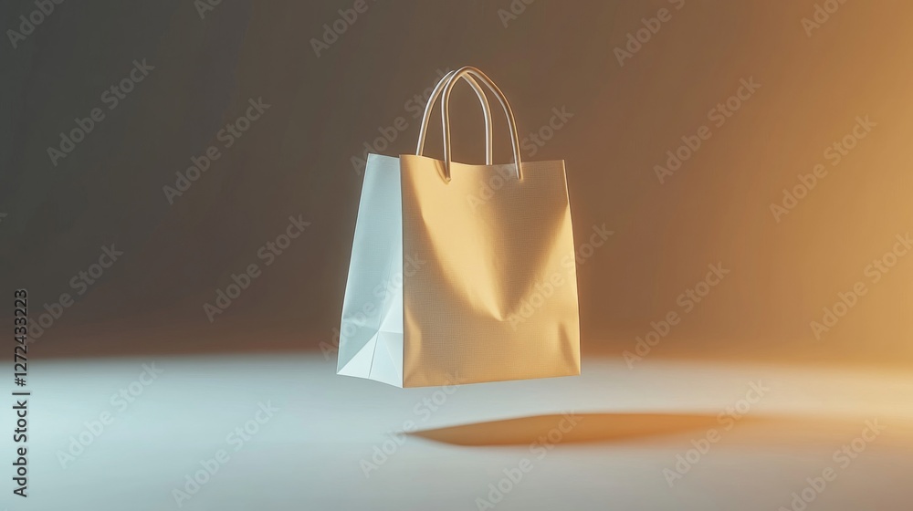 Poster isolated paper shopping bag with rope handles on gradient background and soft lighting