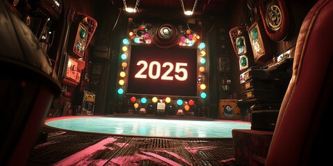 Theatrical stage set, lighted up, with year 2025 displayed, retro future vibe