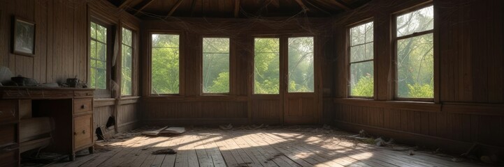 Cobwebs covering the interior of an old summer house with broken furniture , decay, dust
