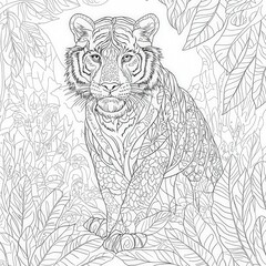 Obraz premium Tiger detailed line drawing standing amid leaves for coloring or artistic designs